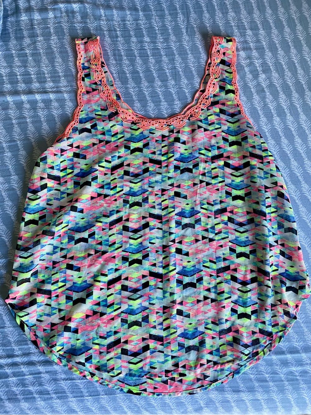 Love on a Hanger Blouse Multicolor Neon Geometric Tank Top with Coral Lace Trim